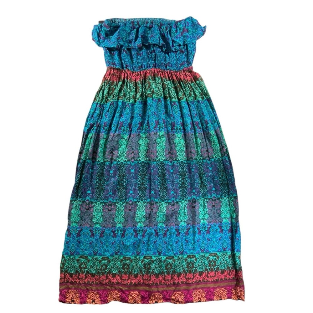 Pure Energy Boho Maxi Dress 2X 18/20 Teal Blue Paisley Strapless NWT